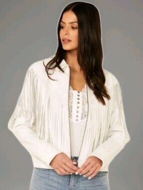 Idllywind Day Off Fringed Leather Jacket Woman Large White Cropped Zip Front